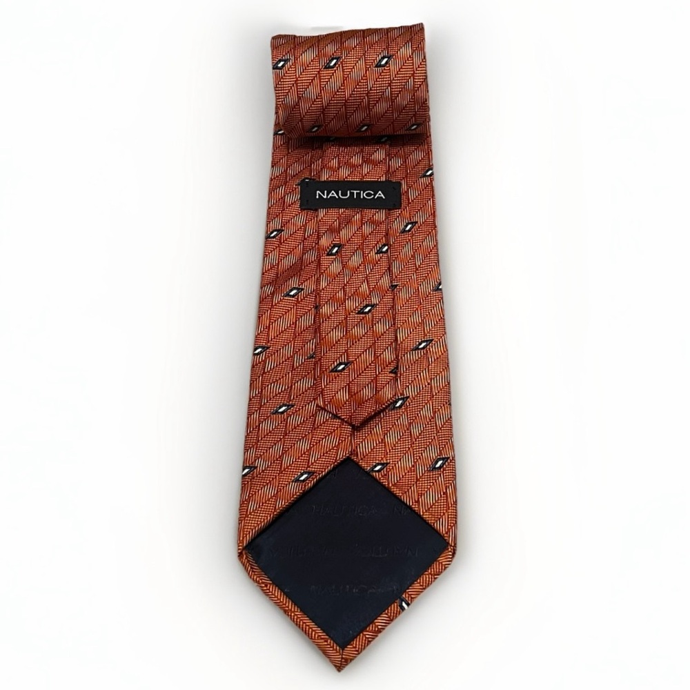 NAUTICA 100% Silk Designer Tie‎ Orange Geometric Business Casual Preppy Necktie - Picture 5 of 6